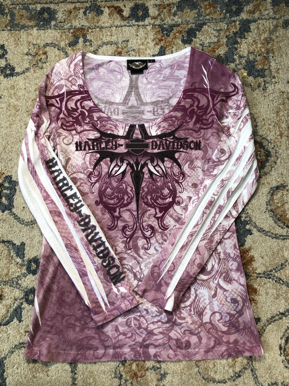 Harley-Davidson Shirt Womens Large Purple Paisley Rhinestone Long Sleeve Tunic
